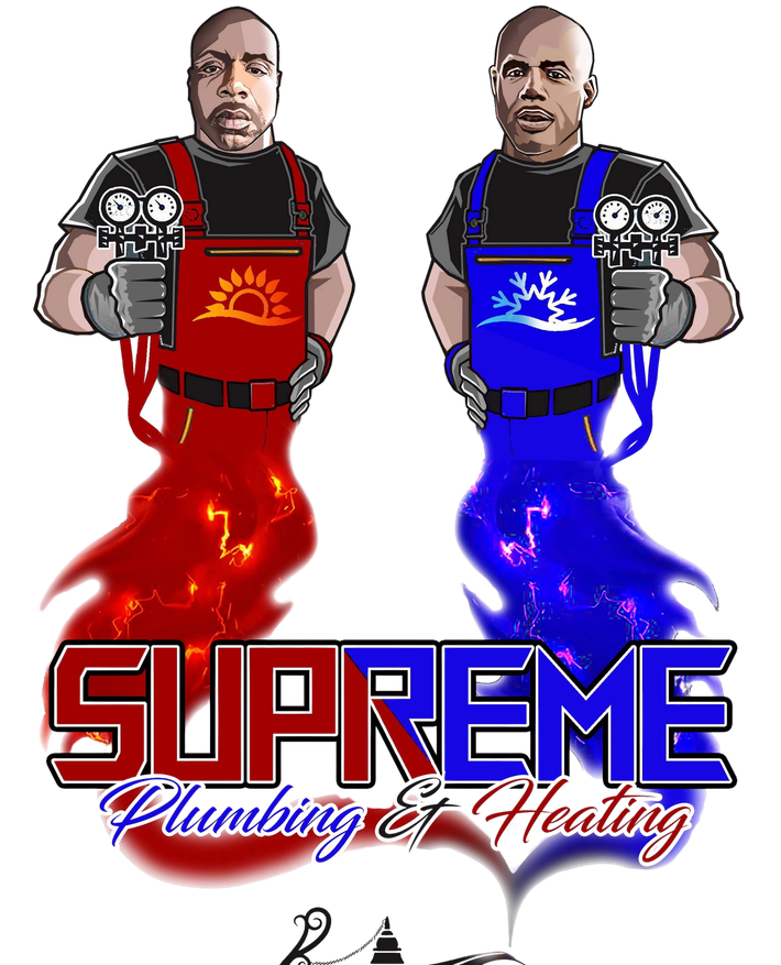 Two plumbers with red and blue vapor, holding gauges; company logo: Supreme Plumbing & Heating.