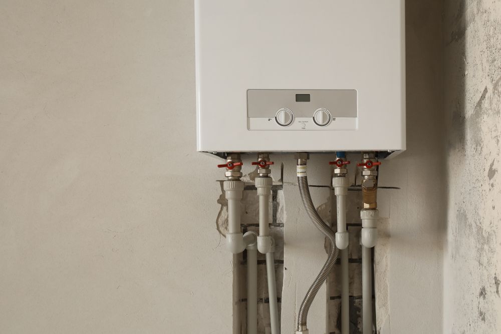 A White Boiler is Hanging on a Wall With Pipes Attached to It — Subat Plumbing Services in Maitland, NSW