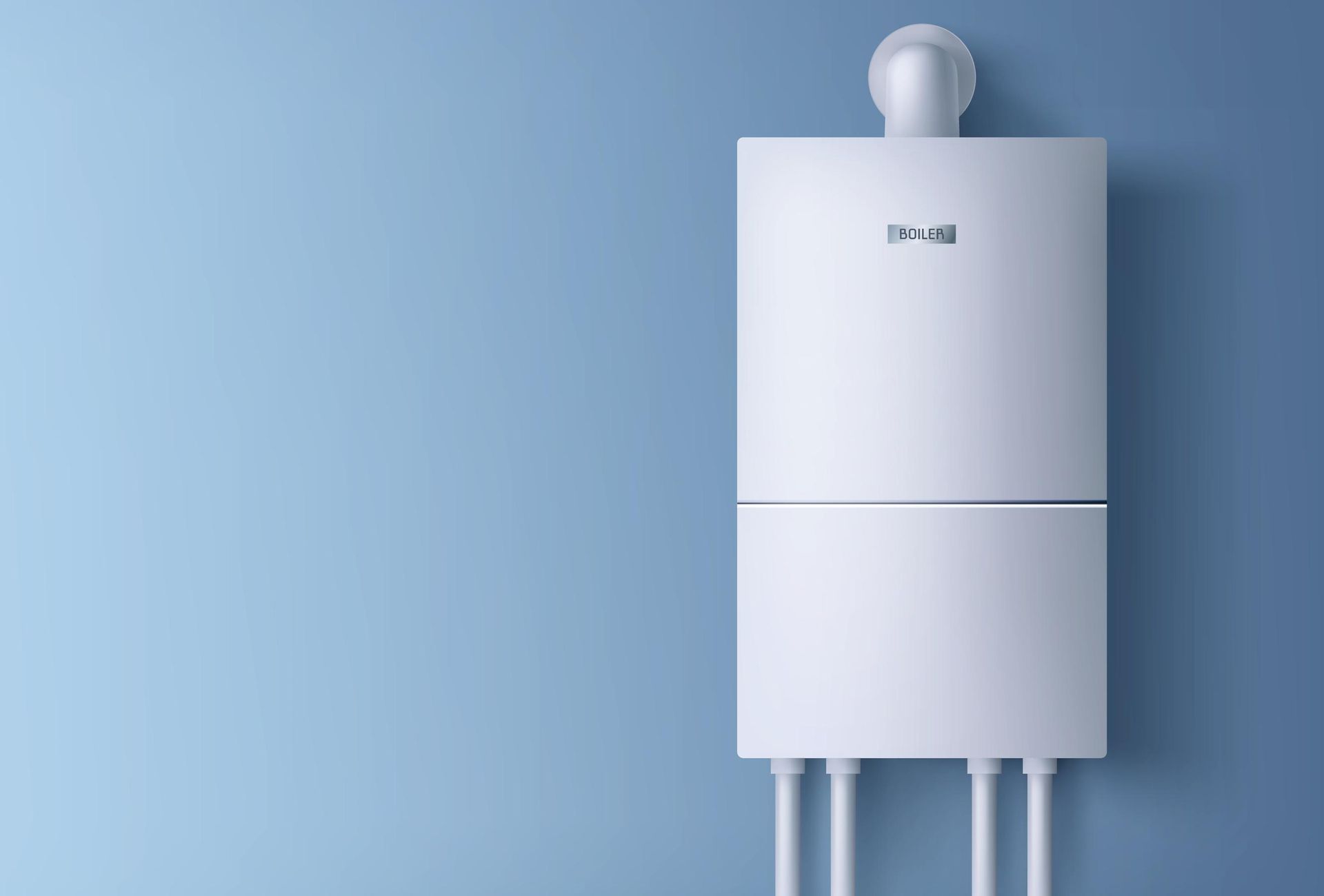 A White Boiler is Sitting on a Blue Wall — Subat Plumbing Services in Cessnock, NSW