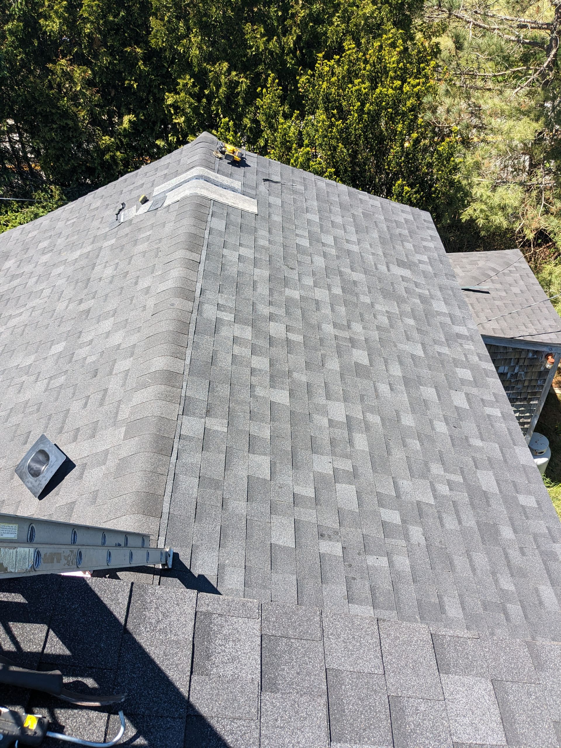 A high-angle view of a gray asphalt shingle roof with a metal ladder attached to the side and a chimney vent.