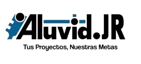 Logotipo de Aluvid.JR con letras negras, gráfico azul y texto