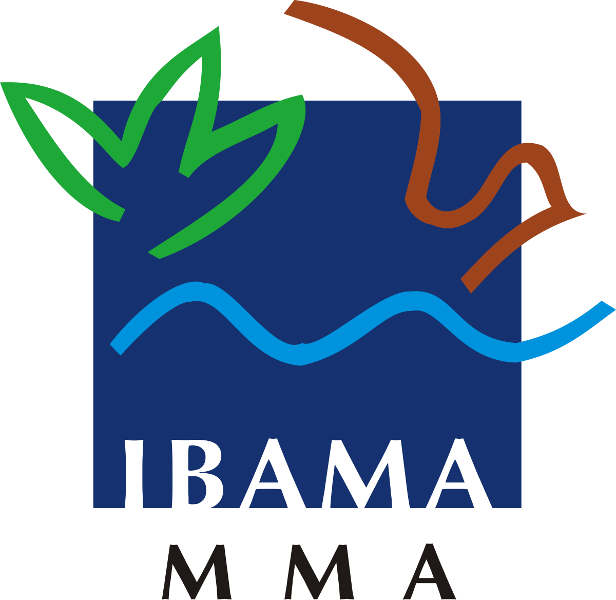 Logotipo do IBAMA MMA: Quadrado azul com folhas verdes, arco marrom, linha ondulada azul e texto branco.