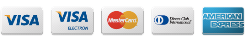 Logotipos da Visa, Visa Electron, Mastercard, Diners Club e American Express.