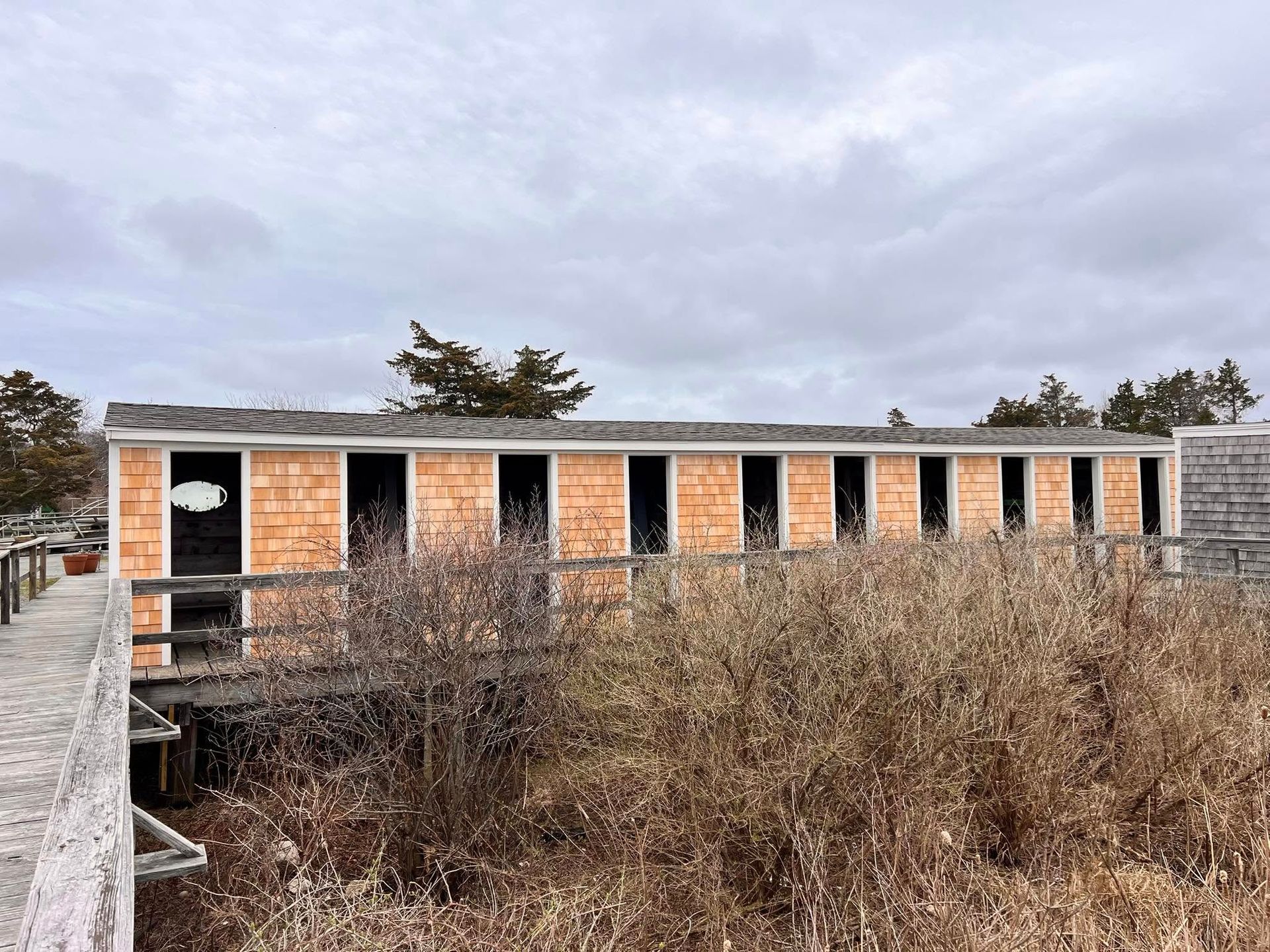 Abandoned brick building with boarded windows, surrounded by overgrown brush under a cloudy sky