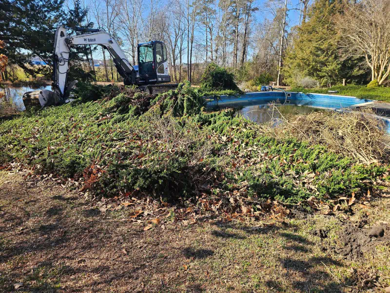 An excavator clearing overgrown vegetation around a drained swimming pool in a yard.