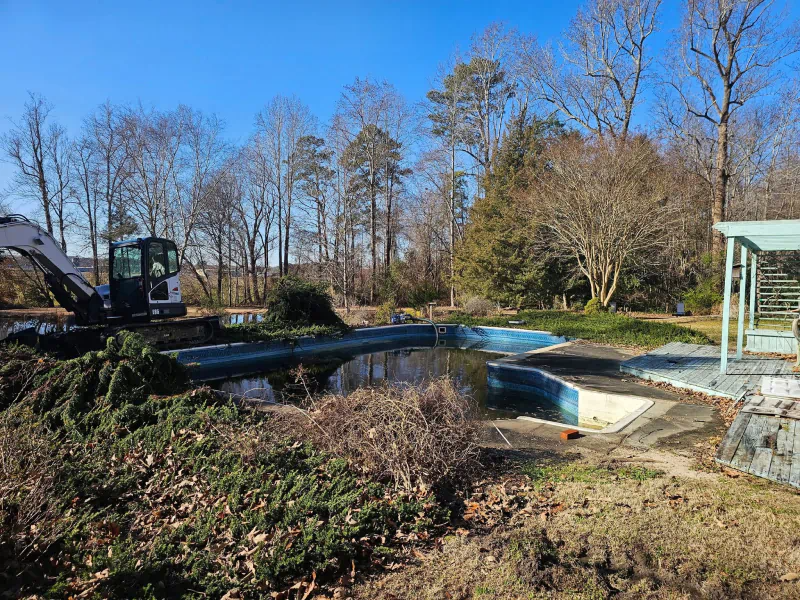 An excavator demolishes a derelict, algae-filled swimming pool in a sunny, overgrown backyard.