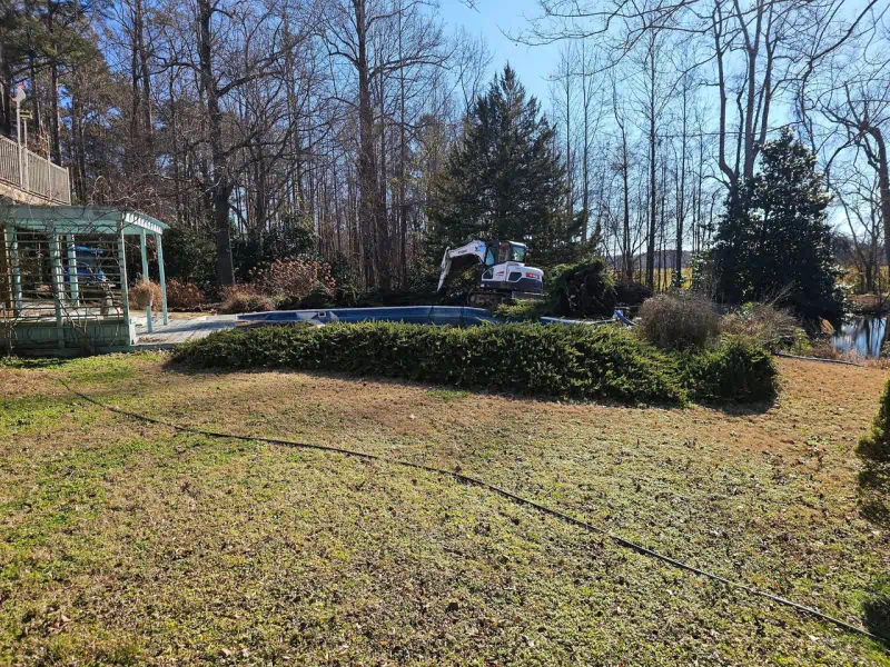 Grassy backyard with pool and small excavator. Overgrown shrubs in foreground; trees in background.