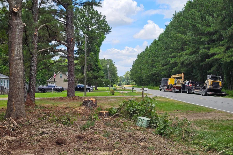 Trees being removed by machinery on a roadside, with a utility truck and house visible under a cloudy sky.