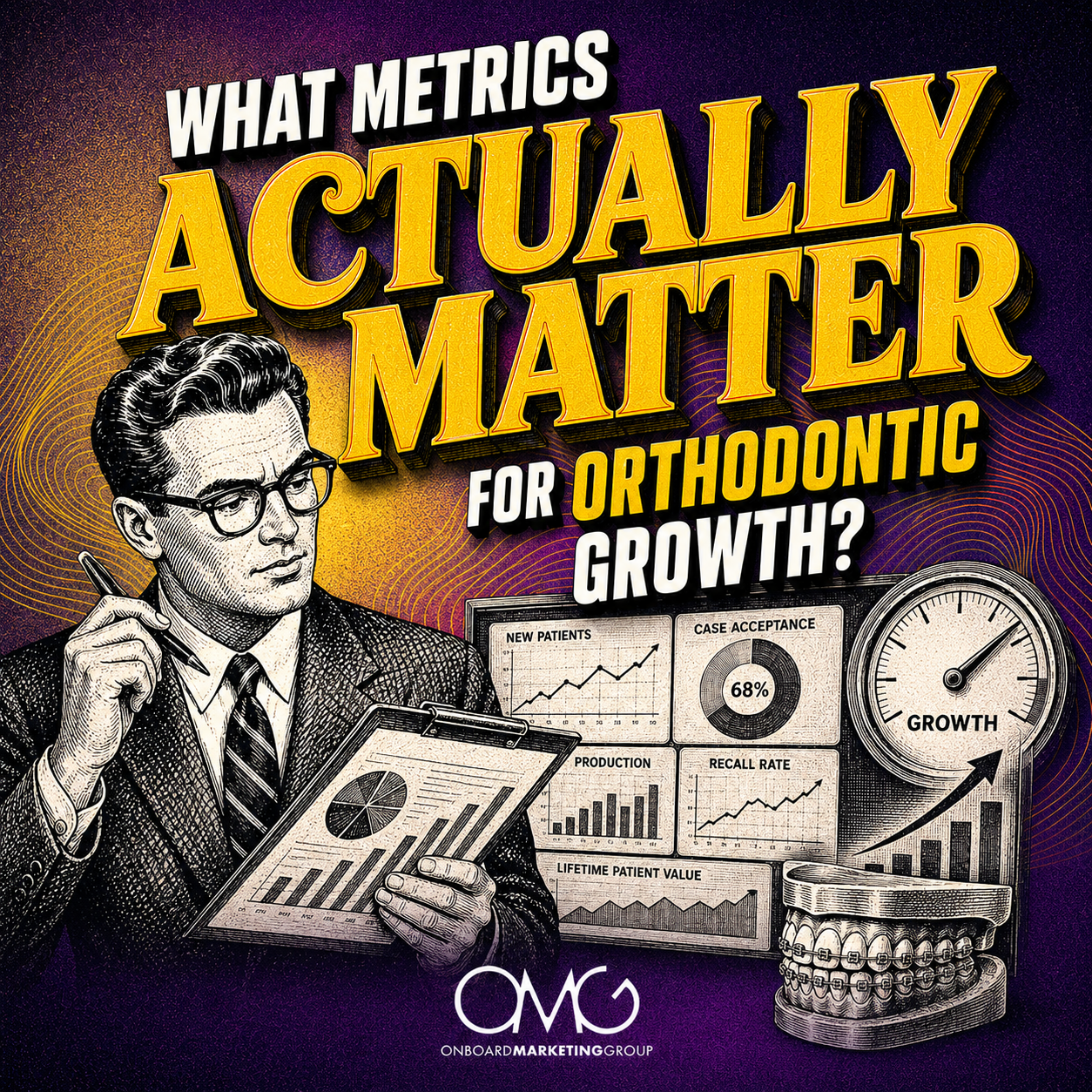 Retro poster reading “What metrics actually matter for orthodontic growth?” with a man, charts, and charts on a desk