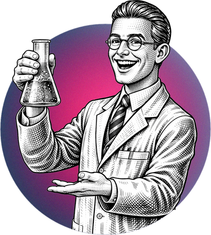 Smiling scientist holding a beaker, in a white lab coat with a purple-pink gradient background