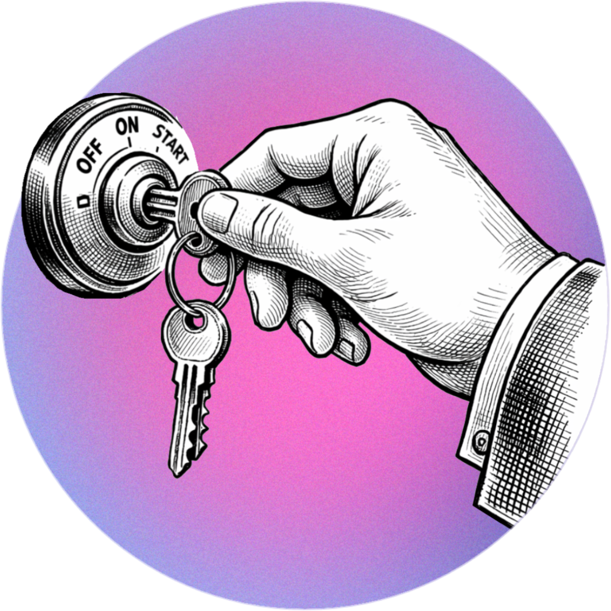 Hand turning an ignition key in a car switch, with a purple-pink circular background