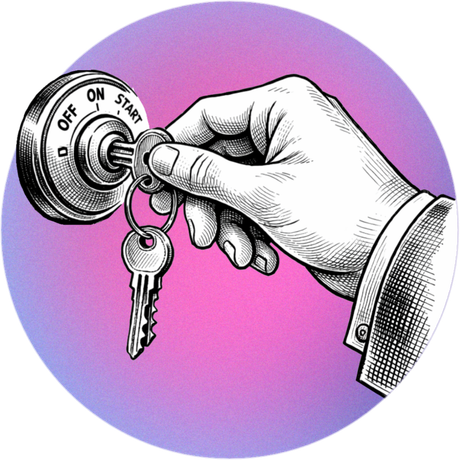 Hand turning an ignition key in a car switch, with a purple-pink circular background