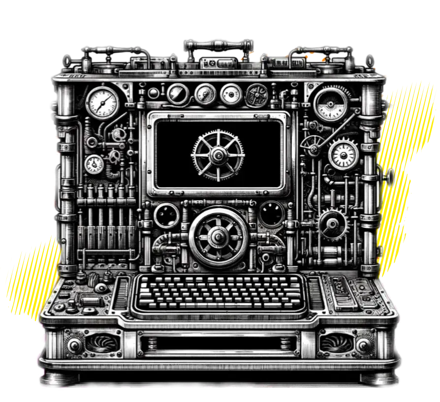 Intricate black-and-white steampunk machine with gears, gauges, and a central screen, accented in yellow on the right