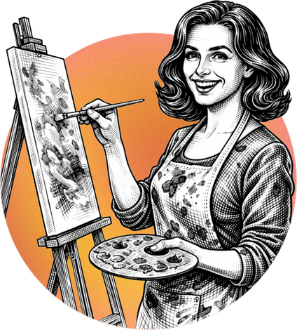 Smiling artist painting at an easel, holding a palette, with an orange background.
