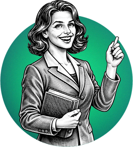 Smiling woman holding a folder and pointing upward, shown as a vintage-style illustration in a green circle.