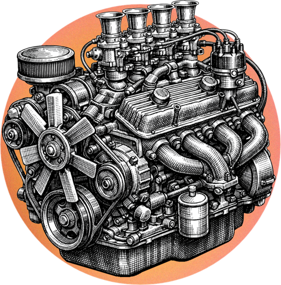Detailed illustration of a chrome car engine with exposed pulleys and pipes on an orange circle background
