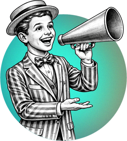 Smiling person in a striped suit and hat speaks into a megaphone on a teal circle background