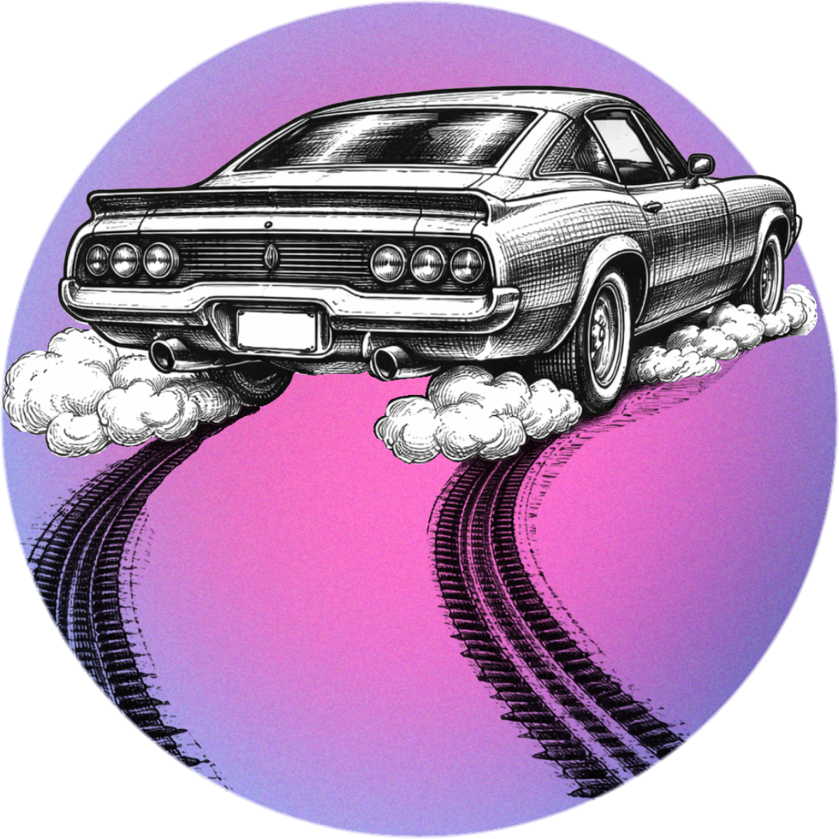 Black vintage car drifting on a purple-pink background with smoke trails behind it.