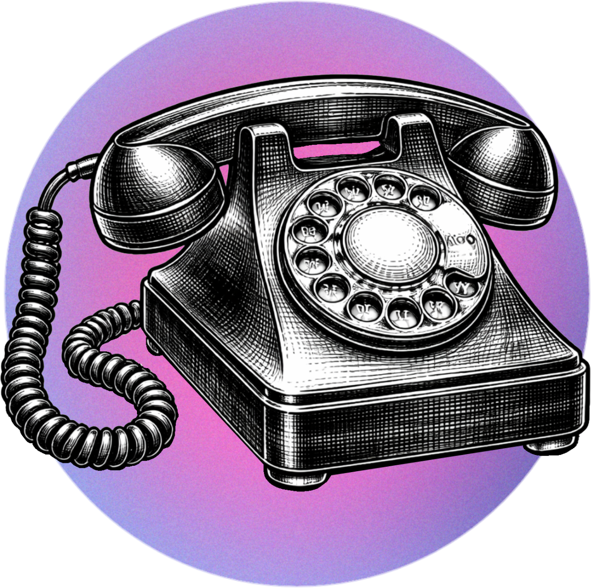 Vintage black rotary telephone on a purple background