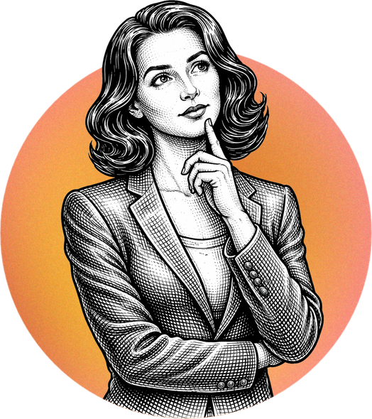 Black-and-white illustration of a thoughtful person in a blazer against an orange circle background