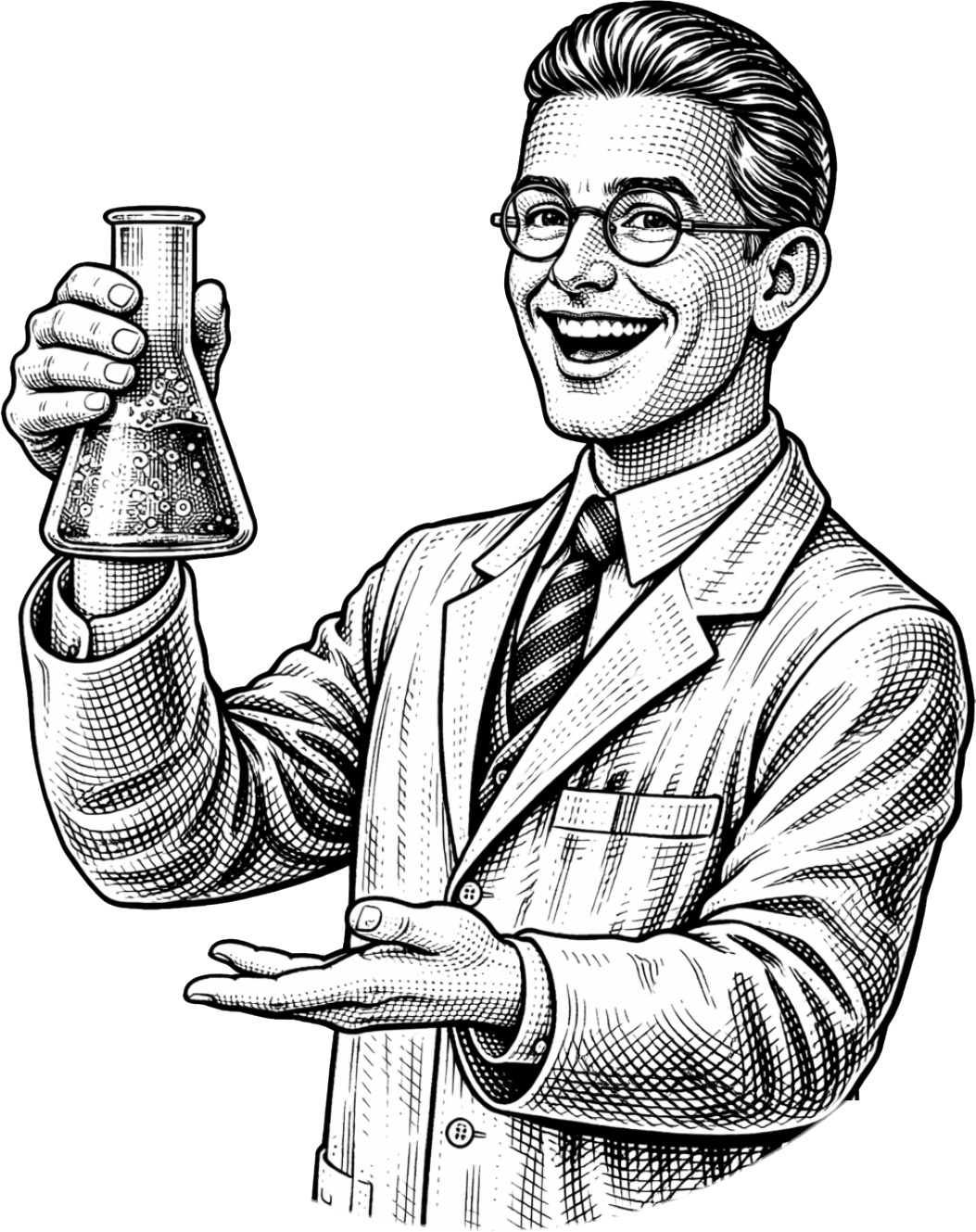 Smiling scientist in a lab coat holding a flask with liquid
