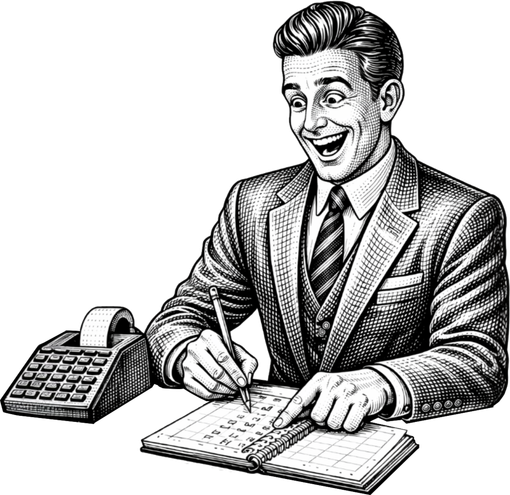 Smiling man in a suit writing in a ledger beside a calculator