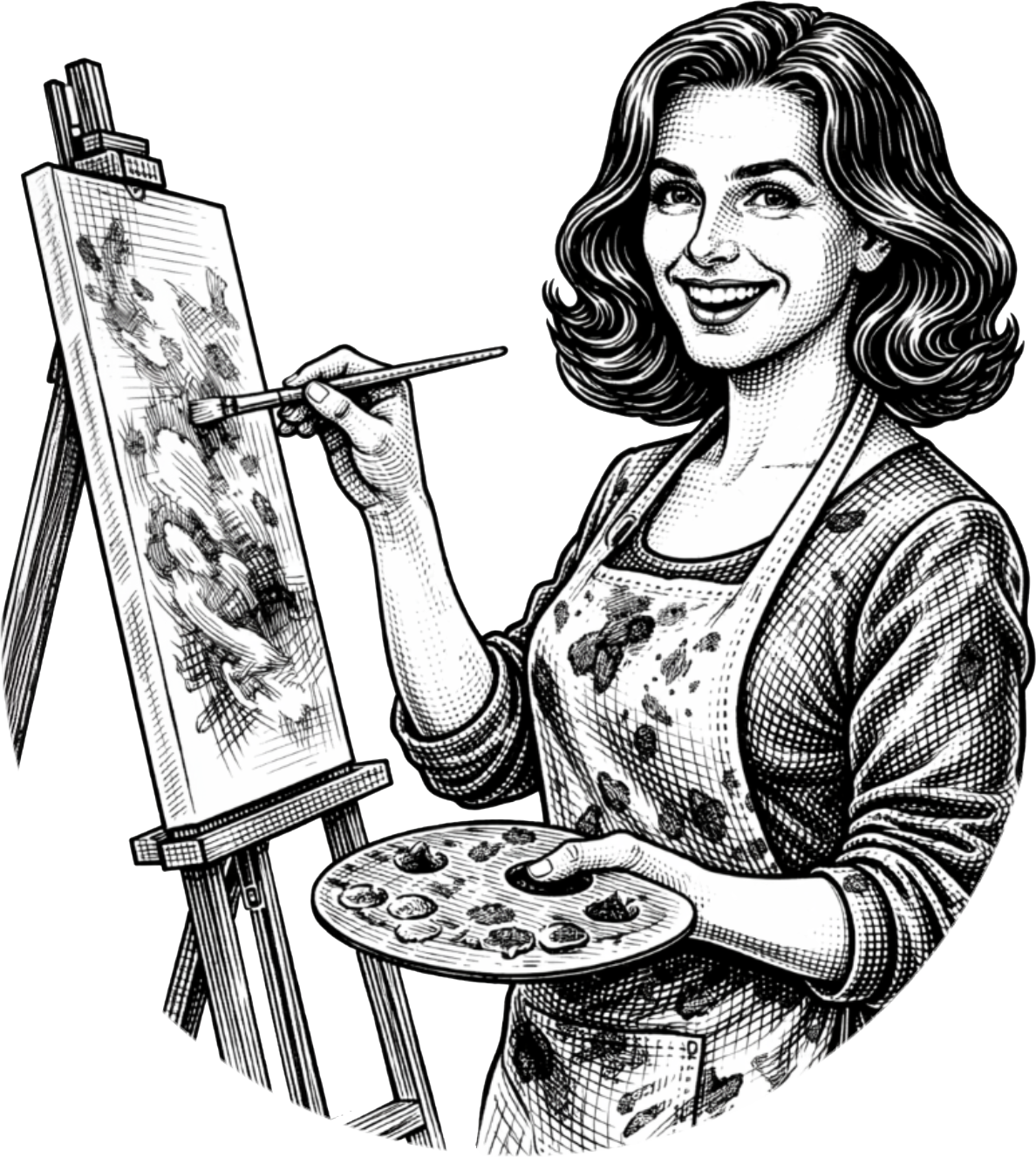 Artist painting at an easel, holding a palette and smiling.