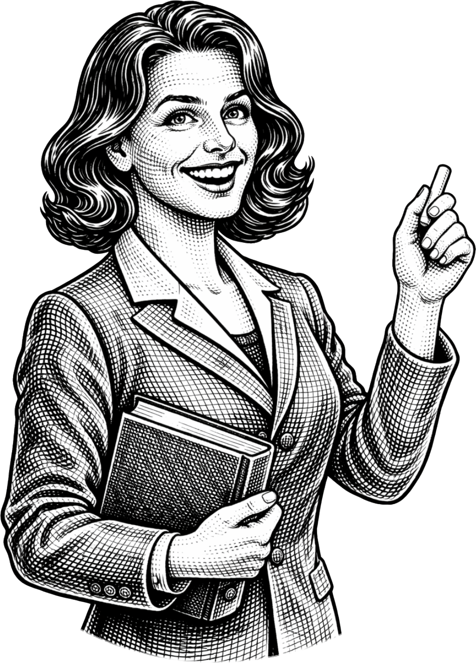 Smiling woman in a suit holding a folder and pointing upward with one finger
