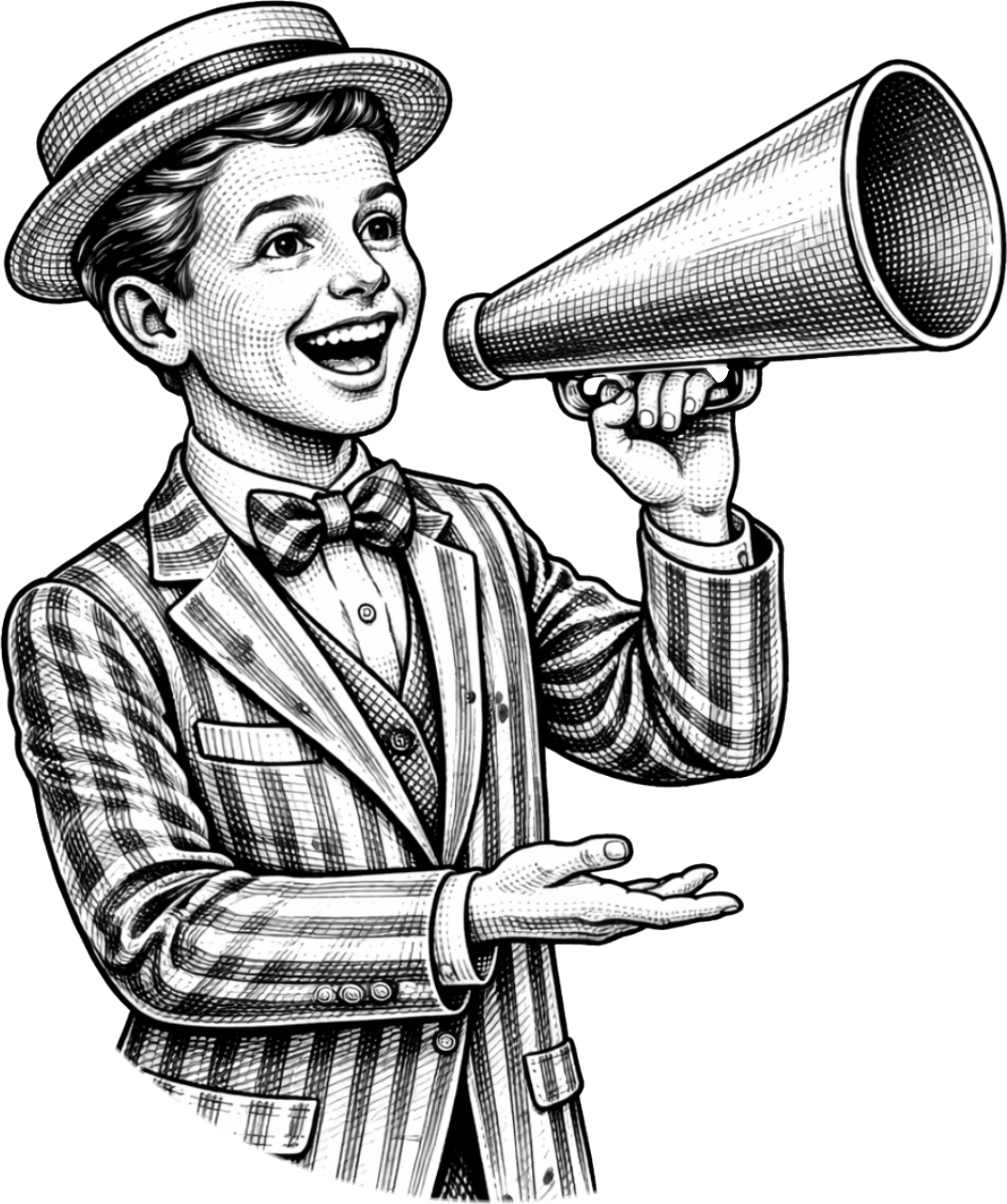 Smiling person in striped suit and hat speaking into a megaphone, gesturing with one hand.
