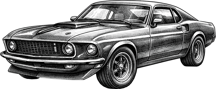 Black-and-white sketch of a classic muscle car in side view