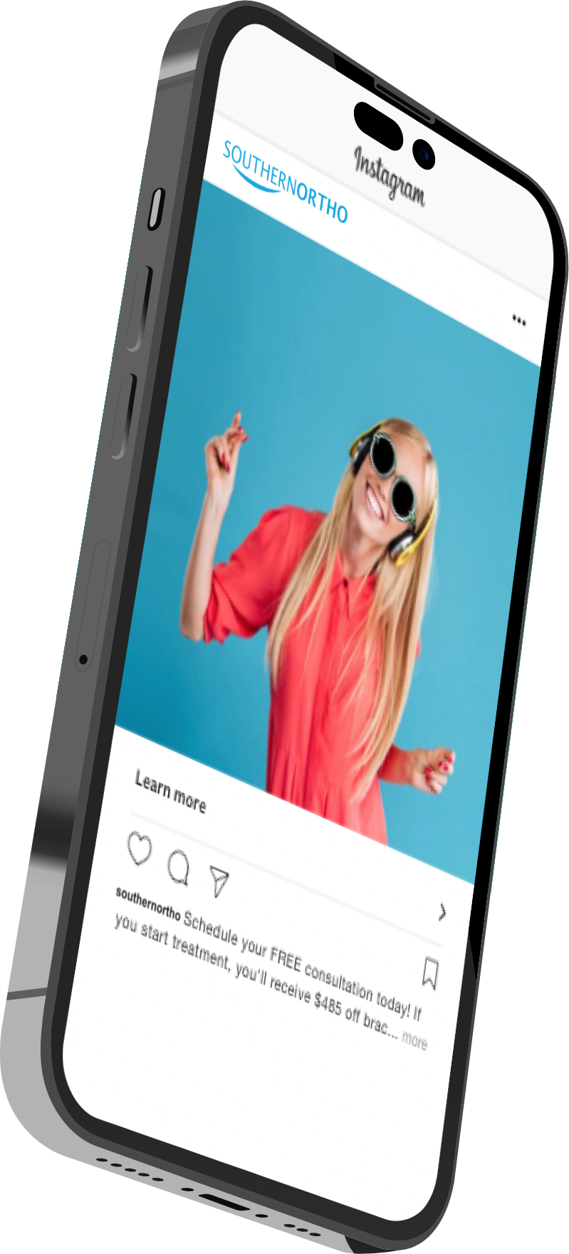 Smartphone displaying a social media post with a woman in a red top posing against a blue background.