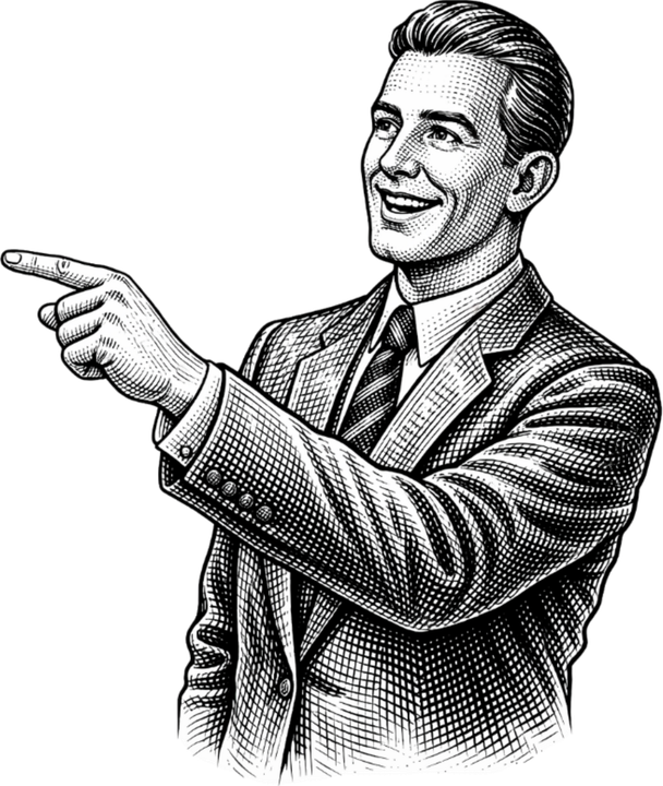 Smiling man in a suit pointing to the left