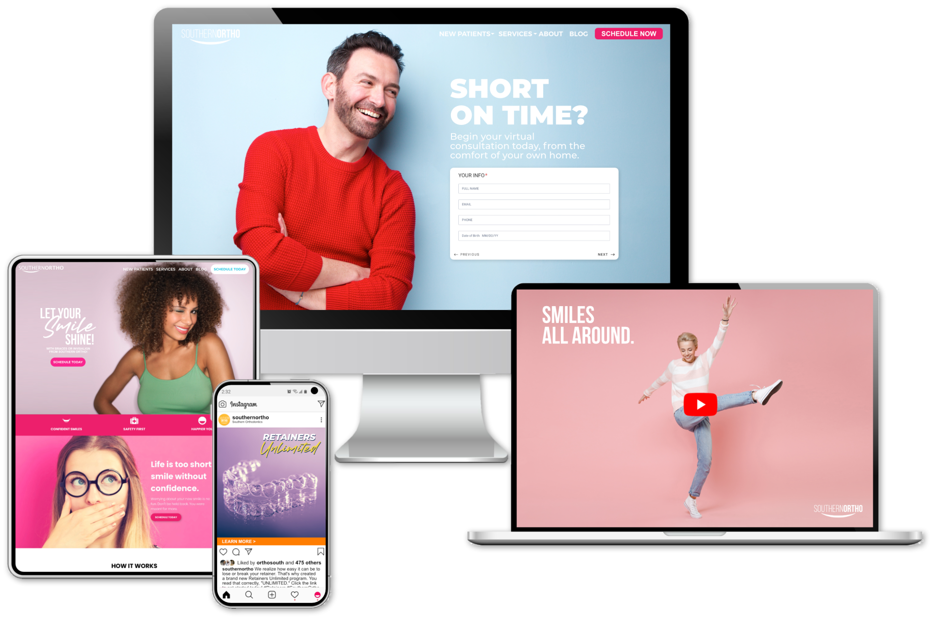 Marketing website shown on desktop, laptop, tablet, and phone with colorful portrait and fitness images