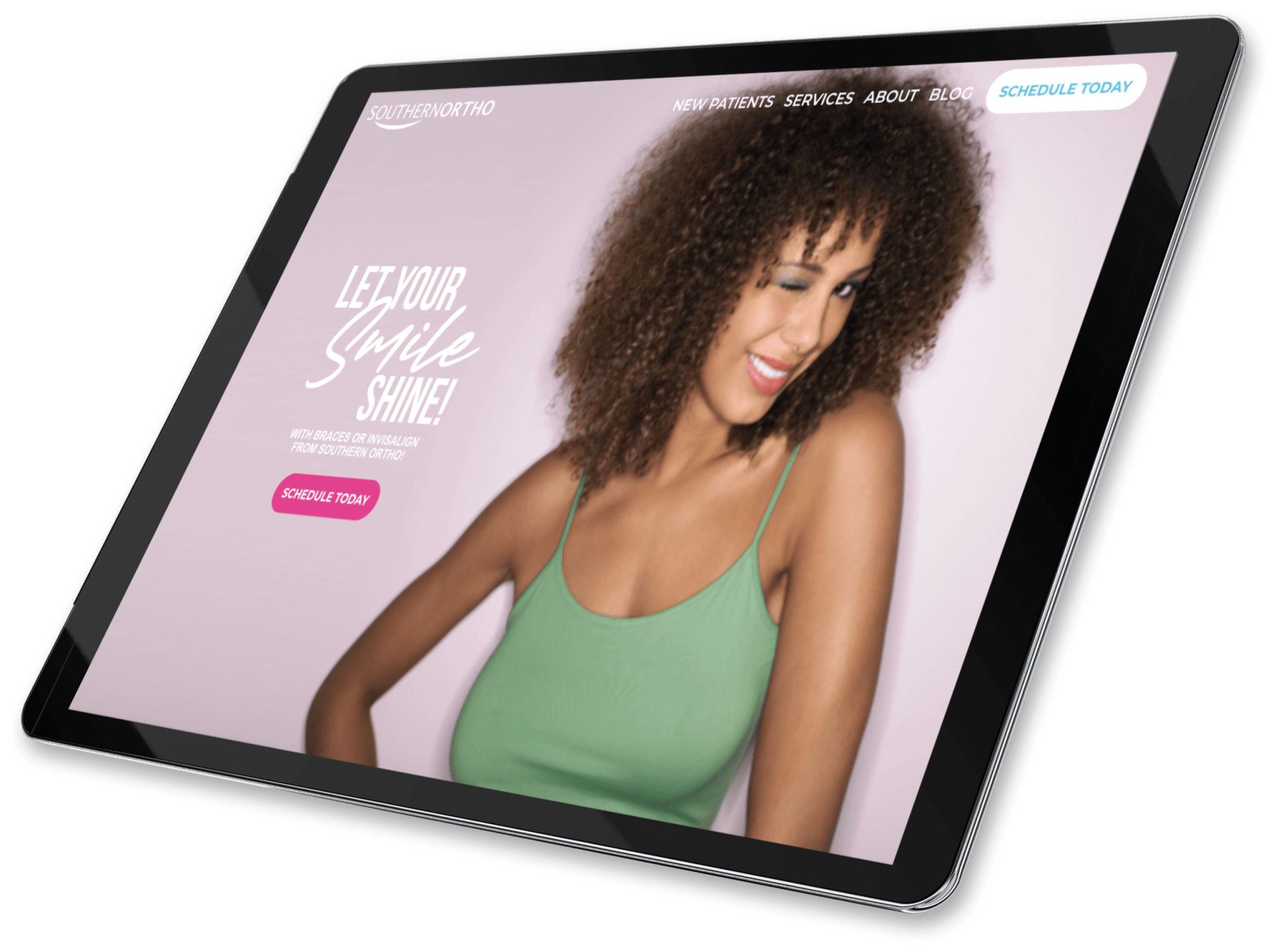 Woman in green tank top on a pink website landing page displayed on a tablet screen