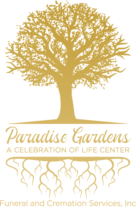 Gold tree logo with “Paradise Gardens,” “A Celebration of Life Center,” and funeral and cremation services text