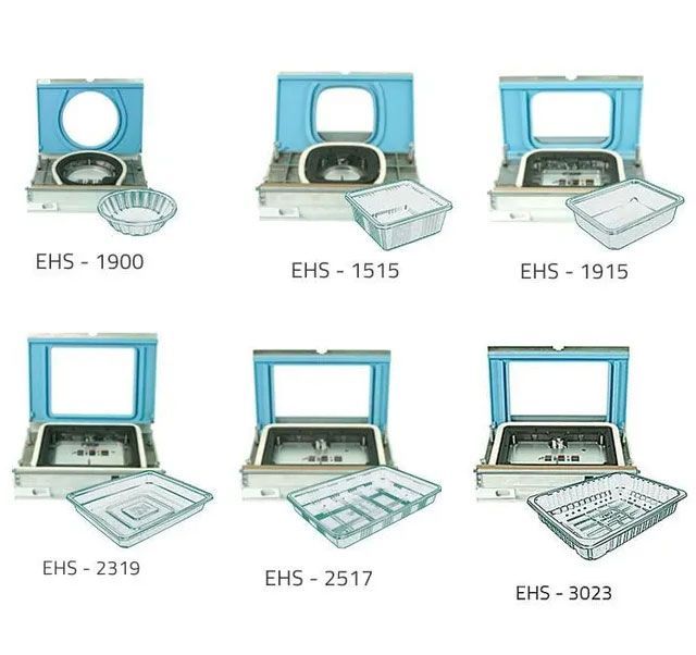 Six food tray sealing machines with labeled model numbers ranging from EHS-1900 to EHS-3023, each with a compatible tray.