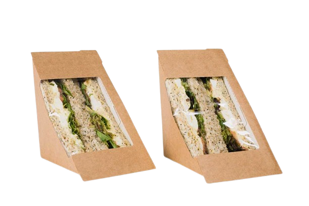 Two triangular cardboard sandwich containers with clear windows displaying the sandwiches inside, isolated on white.