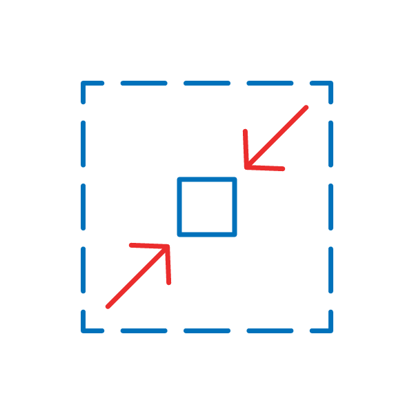 A blue square inside a larger dashed-line square, with red arrows pointing inward toward the center square.