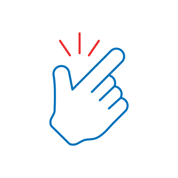 A blue line-art icon of a hand snapping fingers, accented by three short red lines radiating from the top.
