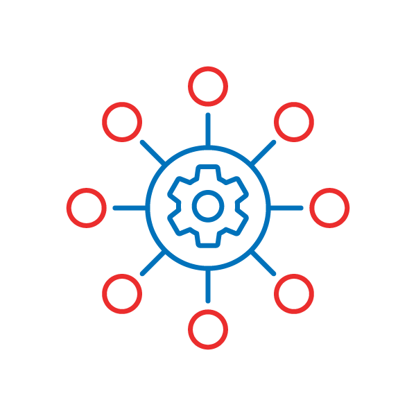 A blue gear icon at the center of a circle connected to eight red circular nodes by blue lines.