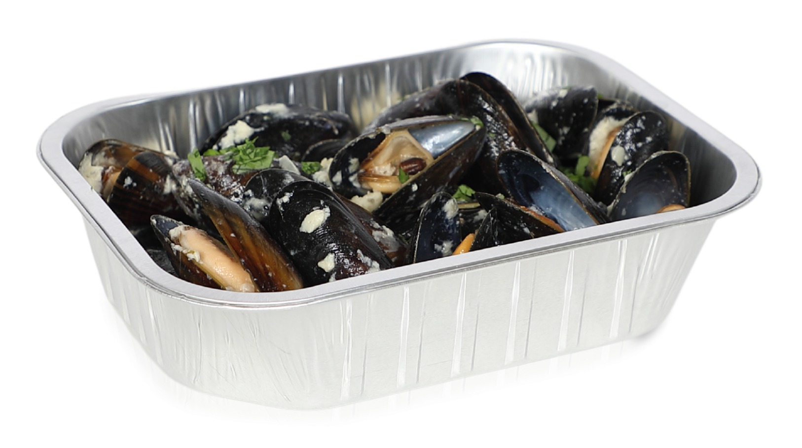 Mussels in a creamy sauce served in a rectangular aluminum take-out container against a white background.
