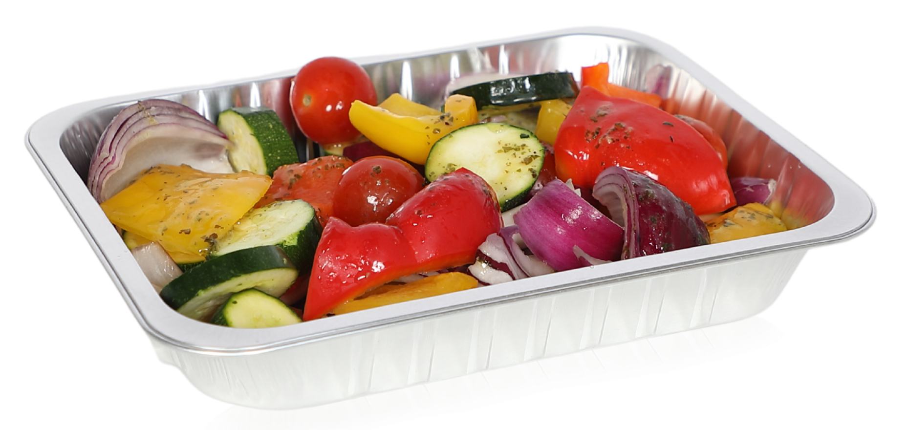A rectangular aluminum foil tray filled with a variety of raw chopped vegetables, including peppers, zucchini, and onions.