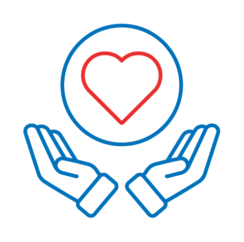 Two blue outlined hands cupped upward under a blue circle containing a red heart icon.