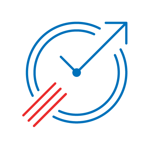 A blue circular line and an upward-pointing arrow forming a clock-like icon, with three diagonal red lines at the bottom left.