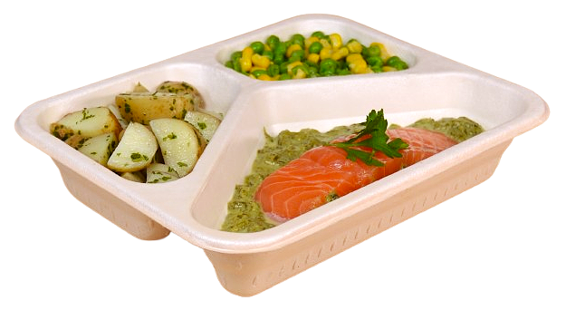 A three-compartment, disposable food tray containing a salmon fillet on a green puree, seasoned potatoes, and mixed veggies.