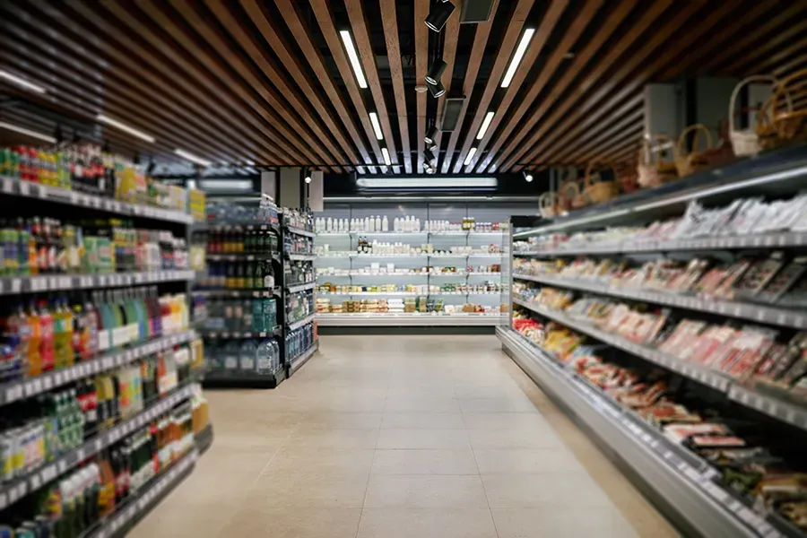 Interior of a modern grocery store with aisles of food products and a refrigerated section at the far end.
