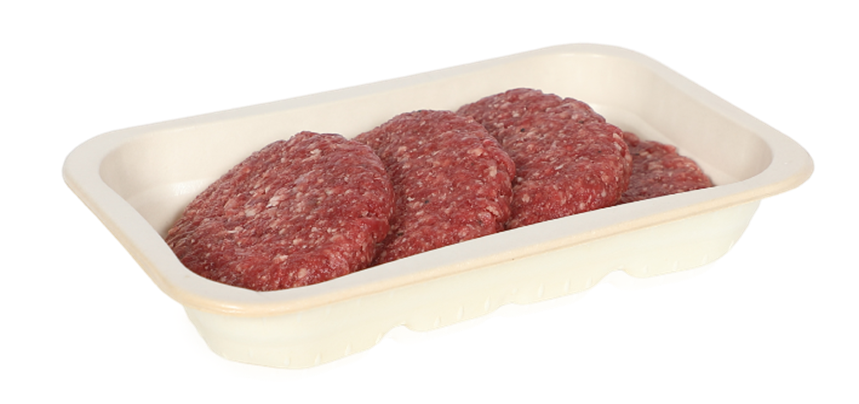 A white styrofoam tray containing four raw, round beef hamburger patties.