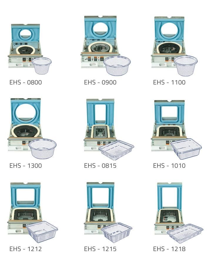 A grid of nine tray sealing machine models, each labeled with its model number and corresponding container type.