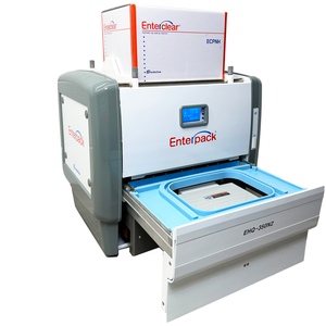 Enterpack EHQ-330M2 food tray sealer machine in white and grey with an open, light blue loading drawer.