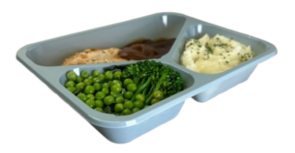 A gray, three-compartment plastic tray containing a piece of breaded meat with gravy, mashed potatoes, and green vegetables.